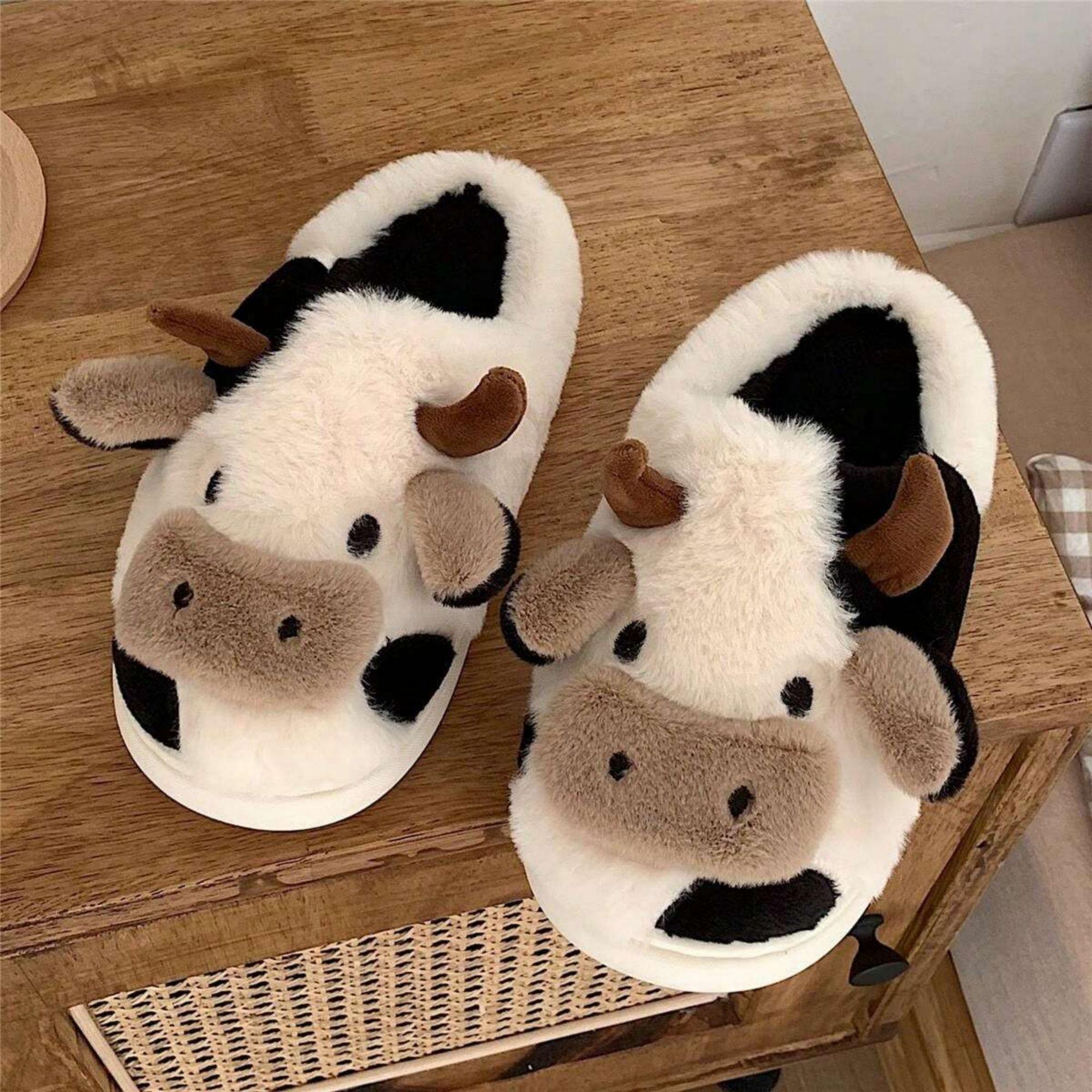 Cartoon Cow Cotton Slippers, Winter Indoor Outdoor Slippers for WomenWinter Warm Shoes