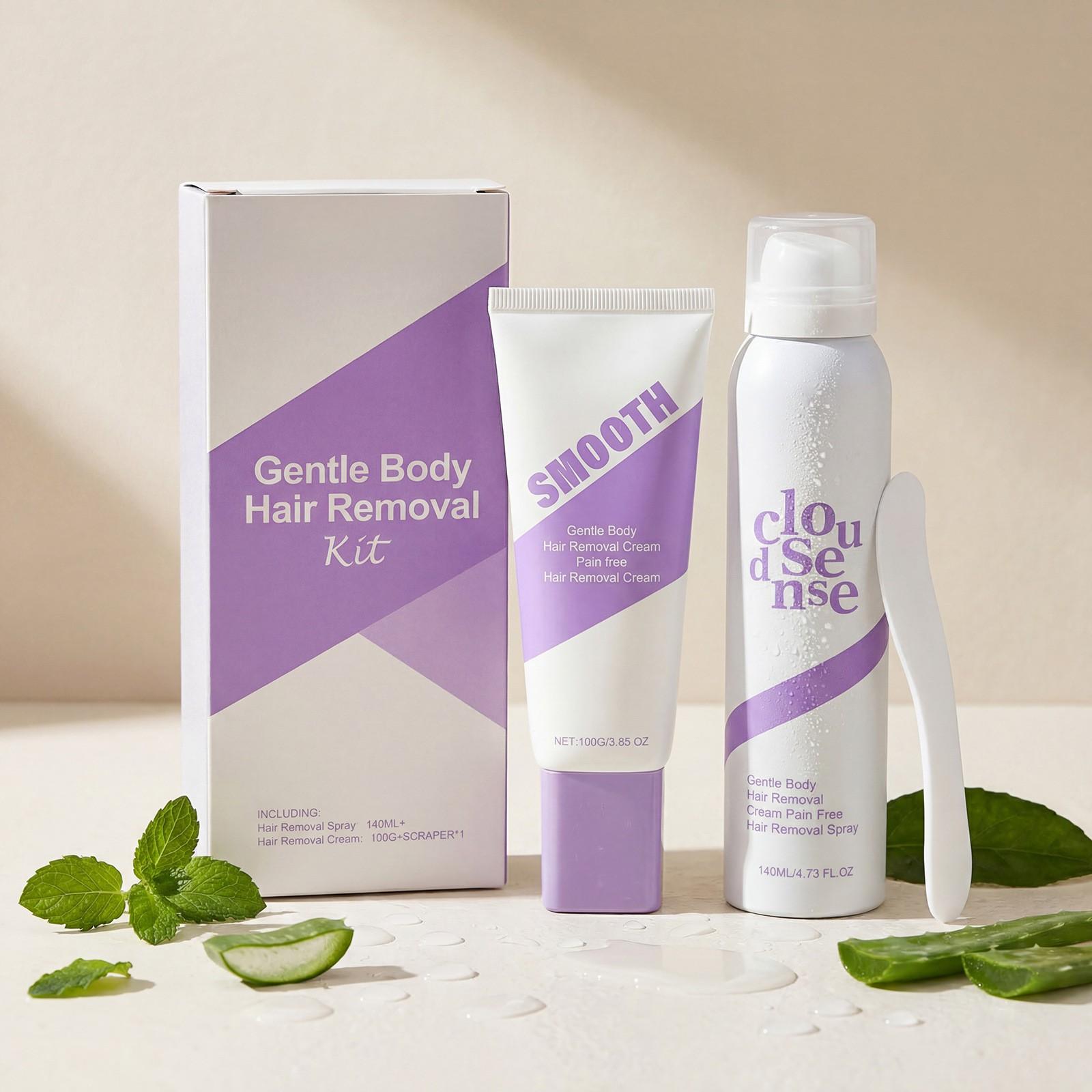 Smooth Body Hair Removal Kit, Gentle Cleansing, Moisturizing, Smooth Skin, Full Body Depilation, Portable Daily Use, Spray 140ML, Cream 100g, Scraper