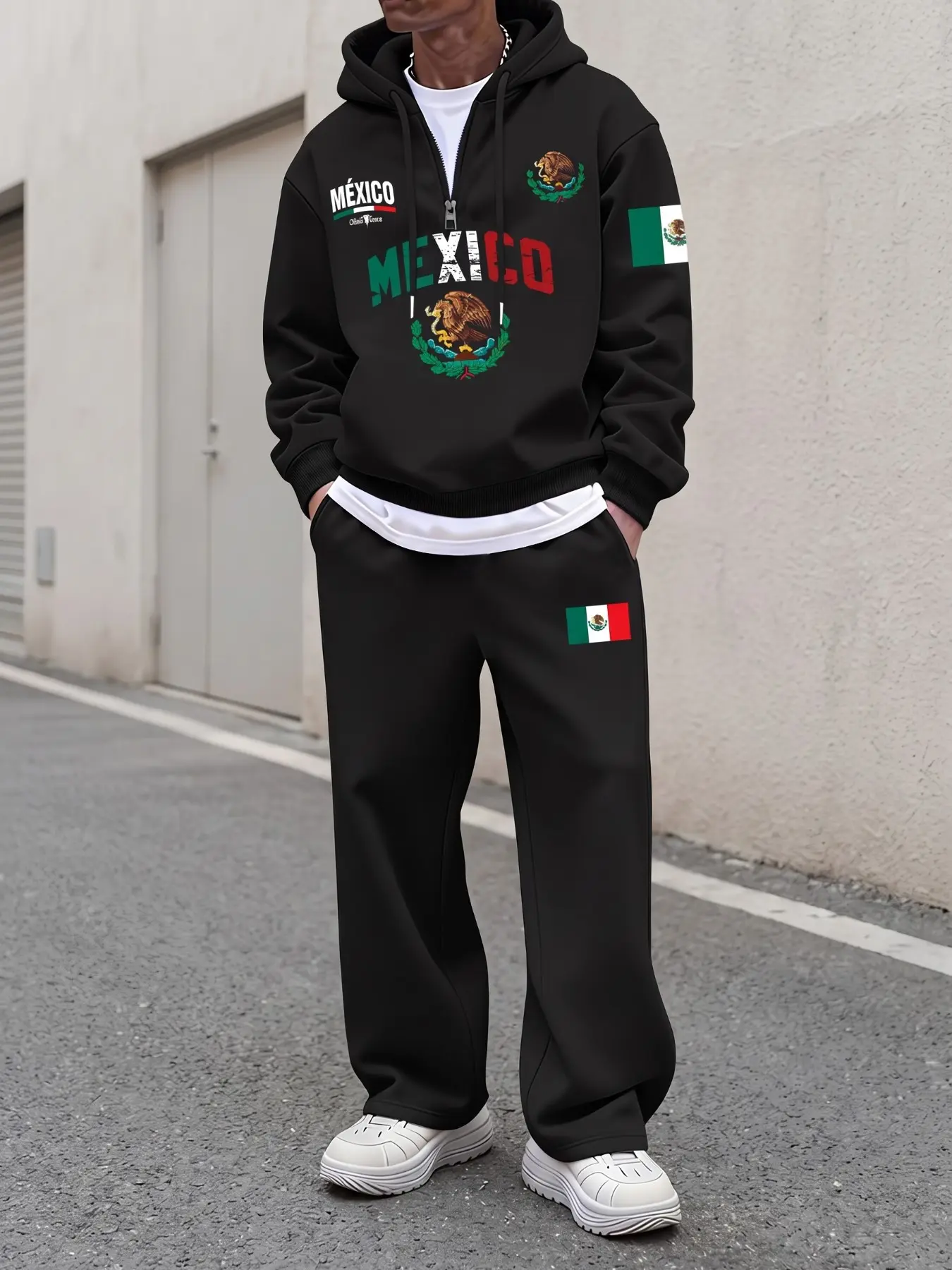 Soft Polyester Men Half Zip Hoodie & Wide Leg Sweatpants Matching Tracksuit, Mexico Flag Eagle Emblem Letter Print Oversized Casual Outfit, Menswear Clothing, Ropa De Hombre, Uomo Mens Clothing, Daily Street Loungewear Sport Set