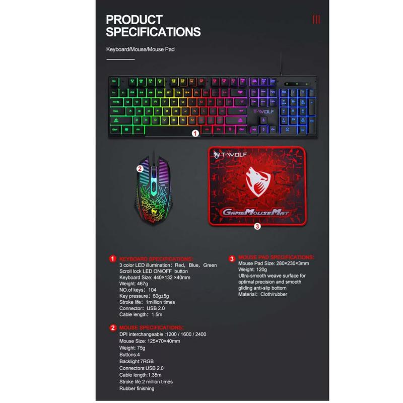 Tf31 Wired Keyboard, Mouse, and Mouse Pad Set, 3-In-1 Gaming Keyboard Accessories Illuminated Keyboard Mouse Pad Kit, Ambidextrous, Wired Connection