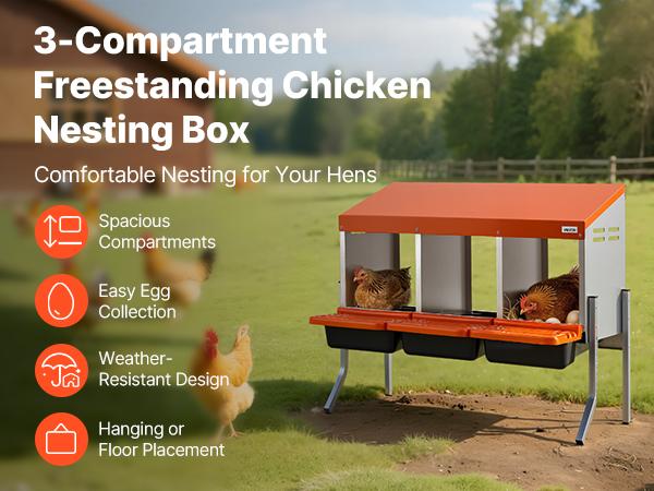 VEVOR Chicken Nesting Boxes, 3 Compartments, with Support Legs, Easy Egg Collection, Galvanized Steel and High-Strength Plastic, Roll Away Nesting Boxes for Chickens and Hens Laying Eggs, Orange VEVOR Chicken Nesting Boxes, 3 Compartments, with Support Legs, Easy Egg Collection, Galvanized Steel and High-Strength Plastic, Roll Away Nesting Boxes for Chickens and Hens Laying Eggs, Orange