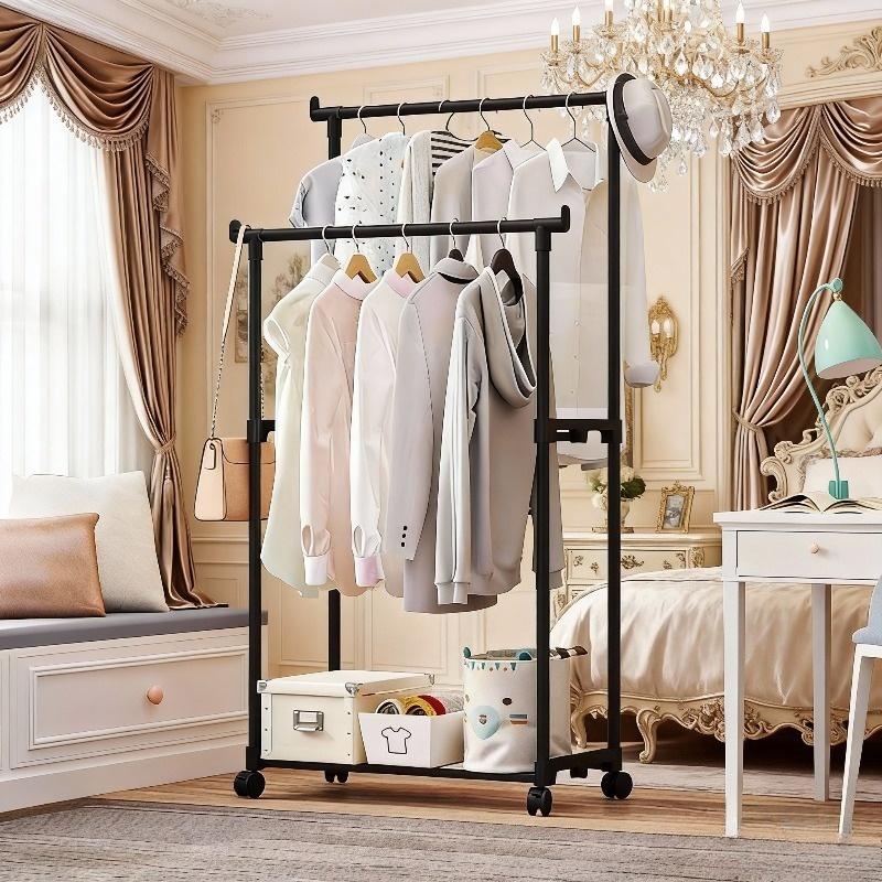 1 double pole simple multifunctional household floor Laundry drying rack, clothes drying pole assembly, clothes drying storage rack, clothes hanging rack storage rack with storage layer rack, drying and storage 2-in-1 Shelf Single Layer Rack