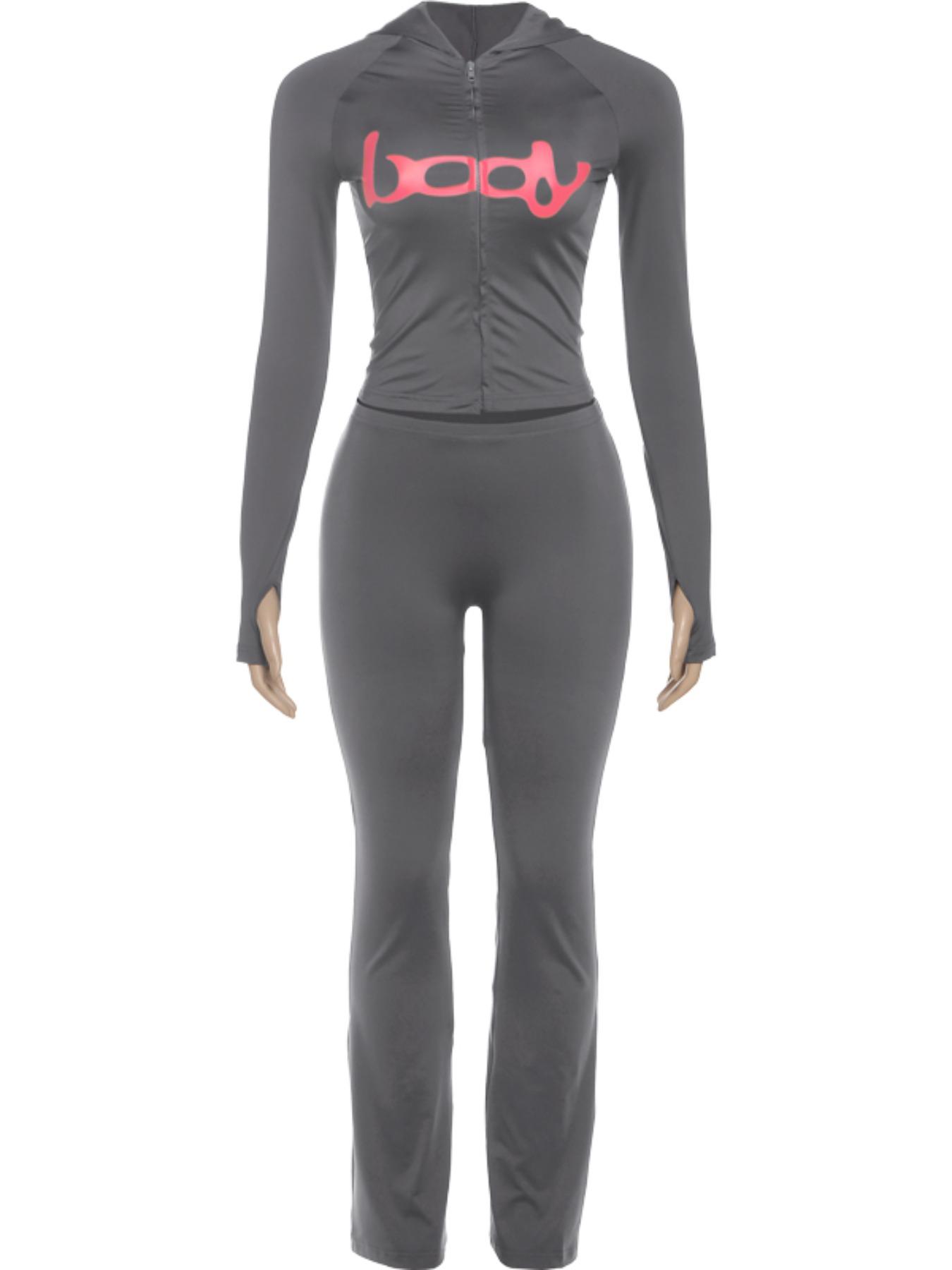 Women's Fall Fashion Hooded Letter Print Zipper Skinny Sports Pants Set, Casual Long Leggings, Slim Fit, Trendy, Sweatsuit Set, Tracksuit Set, Fitness Sport Outfits