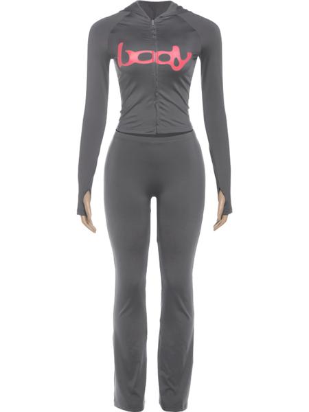 Women's Fall Fashion Hooded Letter Print Zipper Skinny Sports Pants Set, Sweatsuit Outfits, Casual Long Leggings, Slim Fit, Trendy