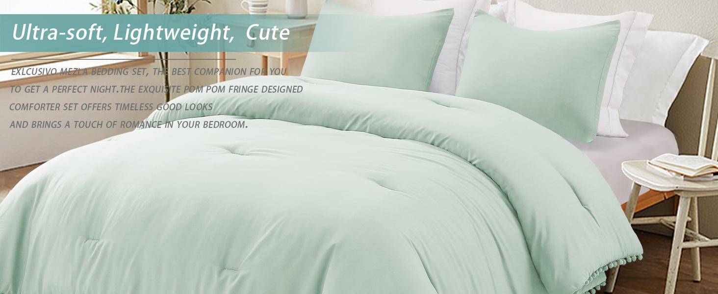 Exclusivo Mezcla Boho Pom Pom Ball Fringe Comforter Set, Lightweight Down Alternative Bedding Comforter Sets for All Seasons
