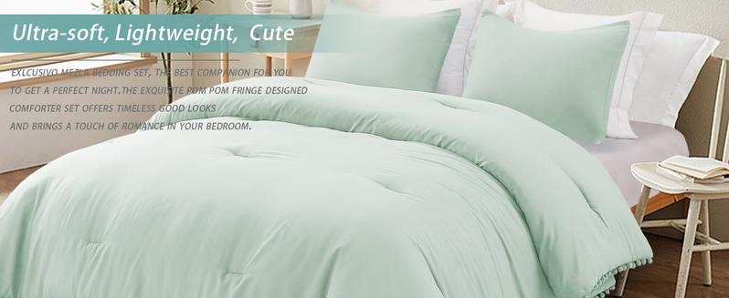 Exclusivo Mezcla Boho Pom Pom Ball Fringe Comforter Set, Lightweight Down Alternative Bedding Comforter Sets for All Seasons