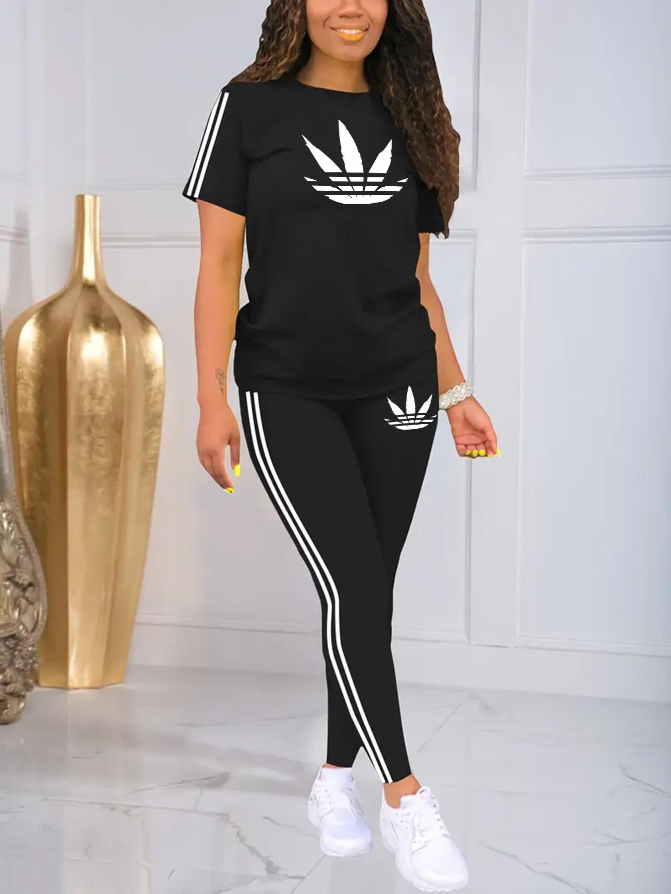Women's Printed Casual Sporty Round Neck Drawstring Short Sleeve and Long Pants Two-Piece Set, Fitted Letter Pattern, Summer, Athleisure Wear Set