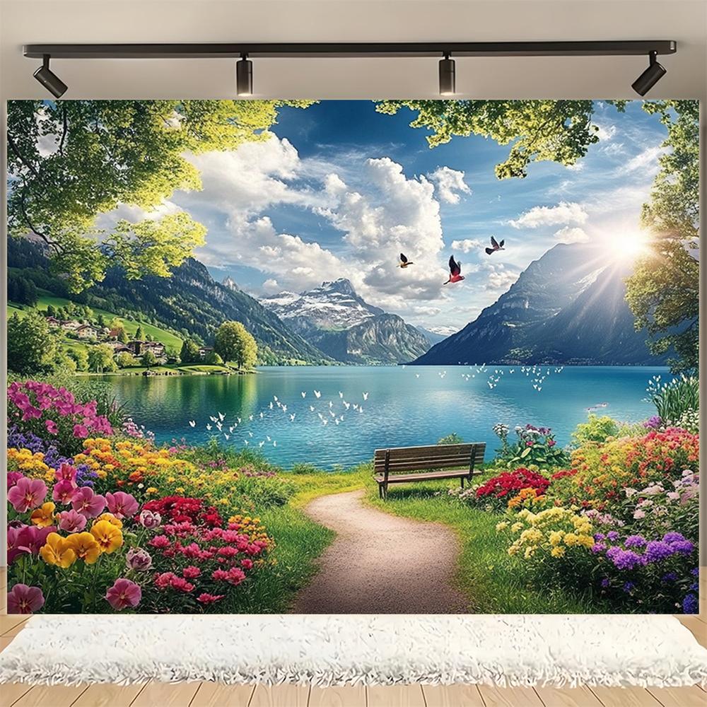 Sunrise Lakeside Floral Scene - Photography Backdrop - large Size Photographic Cloth, Outdoor and Indoor Party Banners, Perfect for Holiday Parties, Home Decor & Studio Props, Garage Door Hanging