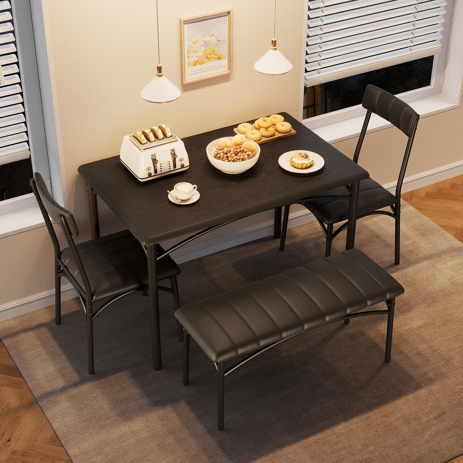 4-Piece Dining Set for 4 with Table, 2 Chairs & Upholstered Bench, Rectangular Wood Kitchen Table for Small Spaces, Apartments & Breakfast Nook 4-Piece Dining Set for 4 with Table, 2 Chairs & Upholstered Bench, Rectangular Wood Kitchen Table for Small Spaces, Apartments & Breakfast Nook