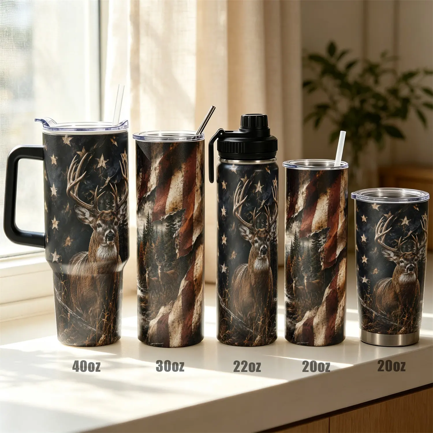 1pc, 40oz/30oz/22oz/20oz Deer American Flag Stainless Steel Tumbler, Double Wall Vacuum Insulated Travel Mug with Leak Proof Lid, 12H Cold 8H Hot Water Cup, Birthday Gift for Hunting Lovers Family Friends, for Gym Hiking Commute O