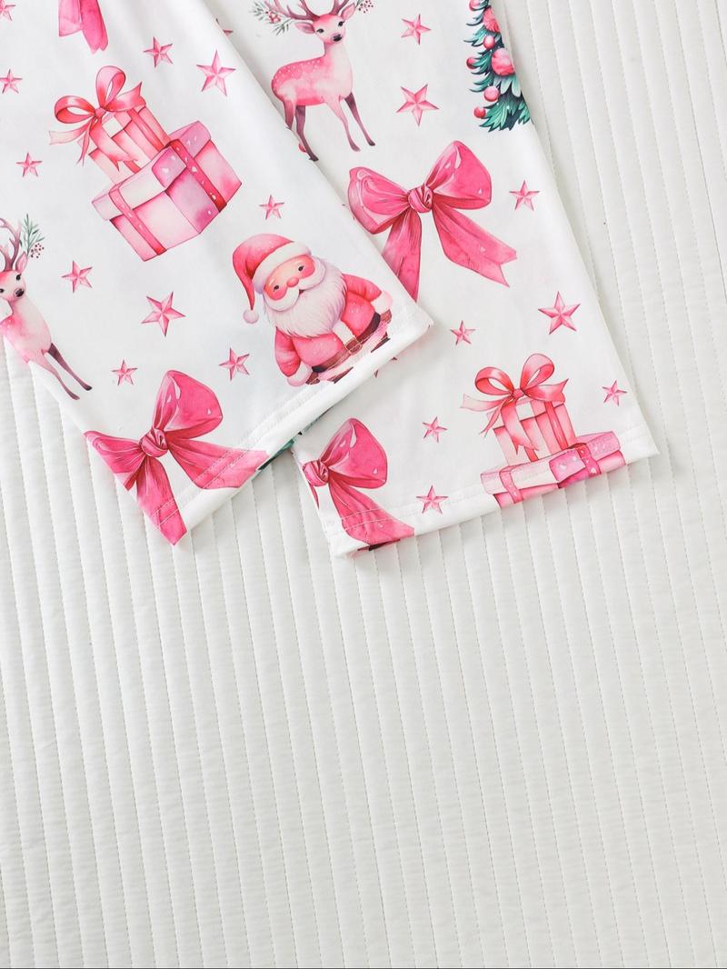 Women's Christmas Santa Gift Pajama Set, Round Neck Long Sleeve & Loose Comfortable Pants, Casual Fitted Sleepwear Loungewear for All Seasons