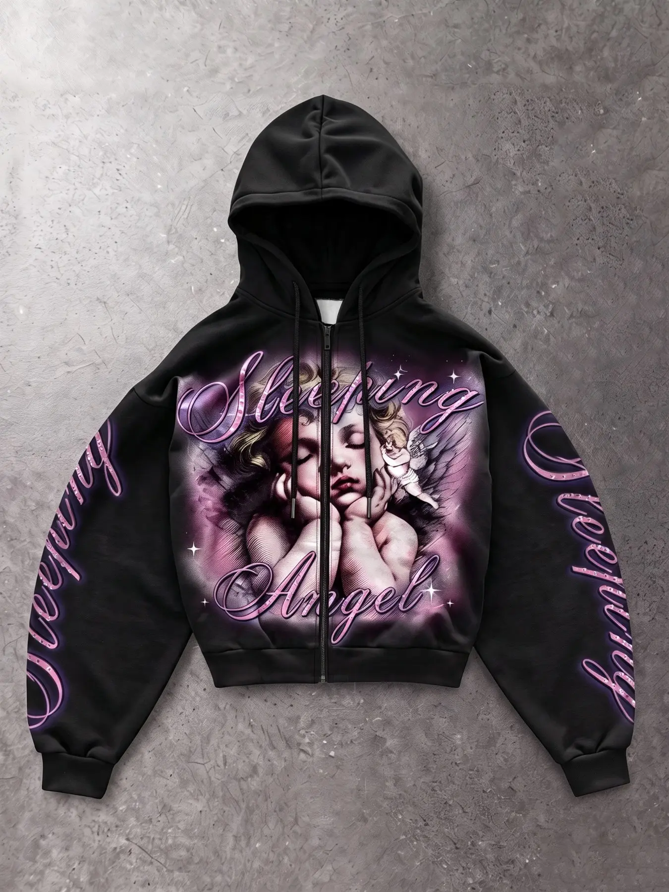 Men's Black Oversized Zip-Up Hoodie, Casual Streetwear Jacket with "Sleeping Angel" Neon Print, Retro Y2K Streetwear Outerwear for Fall, Campus Looks, Casual Outings, Parties, Travel, Night Outs, and Relaxed Y2K Aesthetic Styling