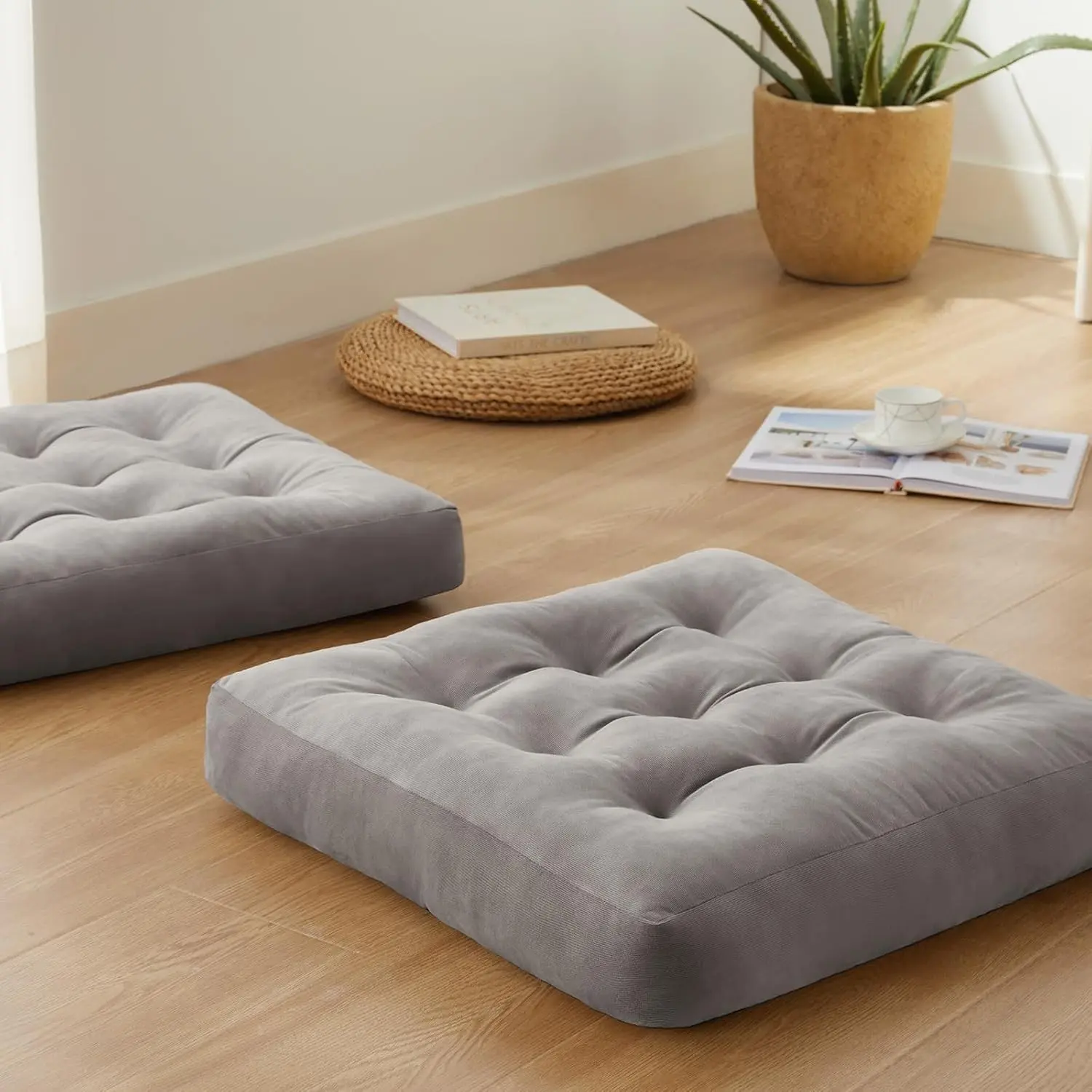Meditation Floor Pillow Set of 2, Square Large Pillows Seating for Adults, Meditation Cushion Pillow,Tufted Corduroy Cushion for Tatami Living Room or Yoga, Light Gray, 22x22 Inch