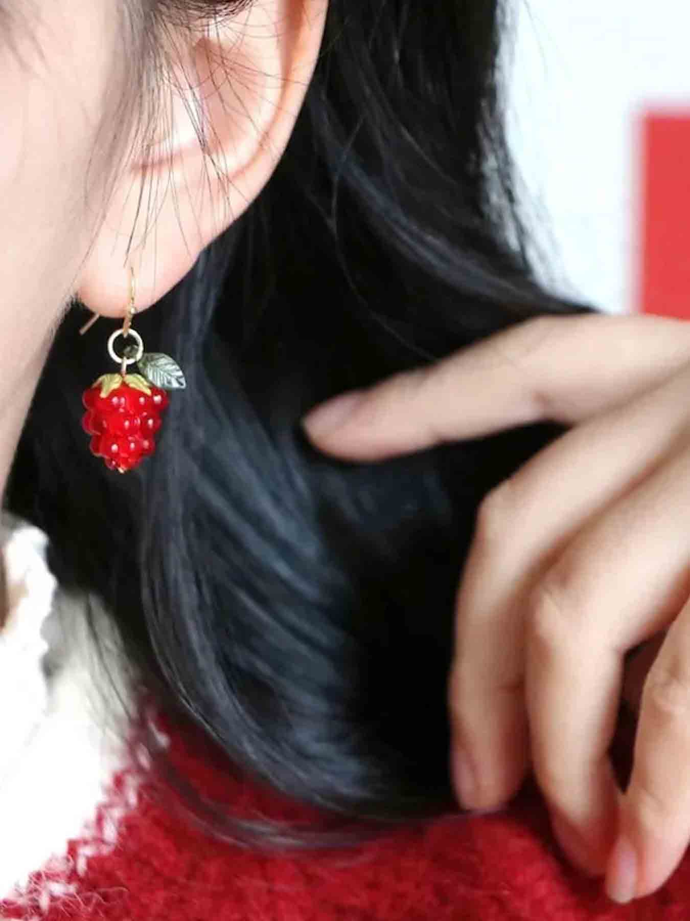Women's Raspberry Fruit Dangle Earrings Set, Fashionable Sweet Design, Party & Vacation Style, Unique Women's Jewelry Accessories