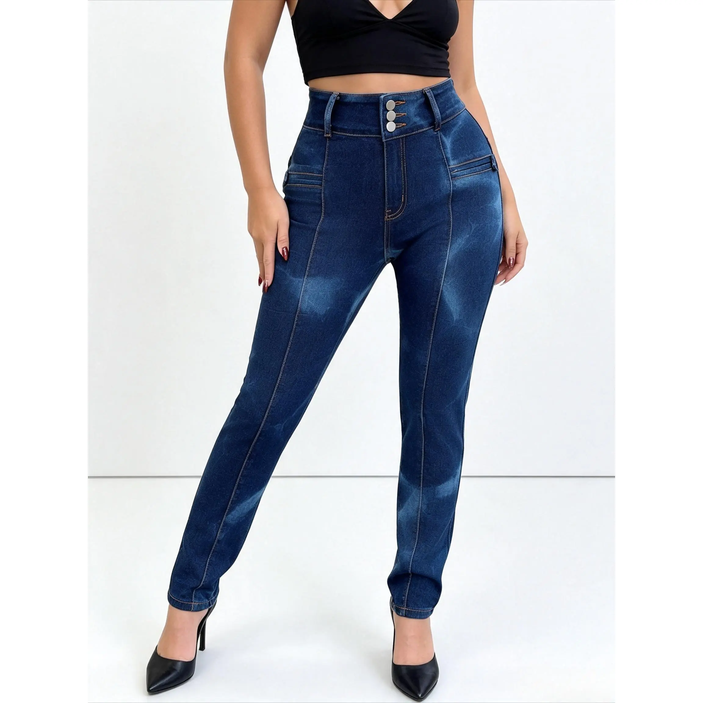 Women 3 Button High Waist Butt Lift Skinny Ankle Jeans Gradient Cloud Wash Seamed Decor Pockets Stretch Curvy Slim Fit Denim Pants Y2K Streetwear Trousers