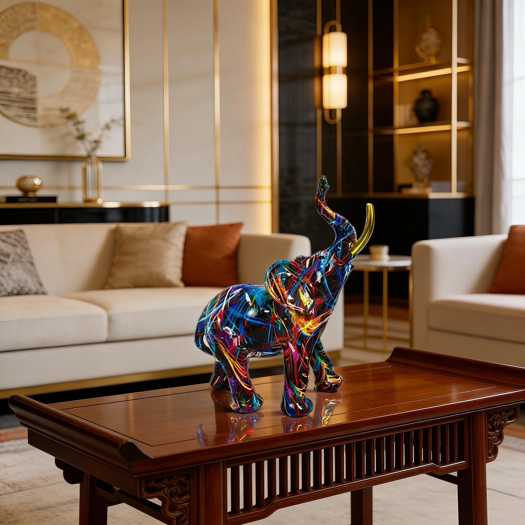 Colorful Resin Elephant Statue, Artistic Elephant Sculpture, Feng Shui Decor, Kitchen Office Shelf Home Decoration