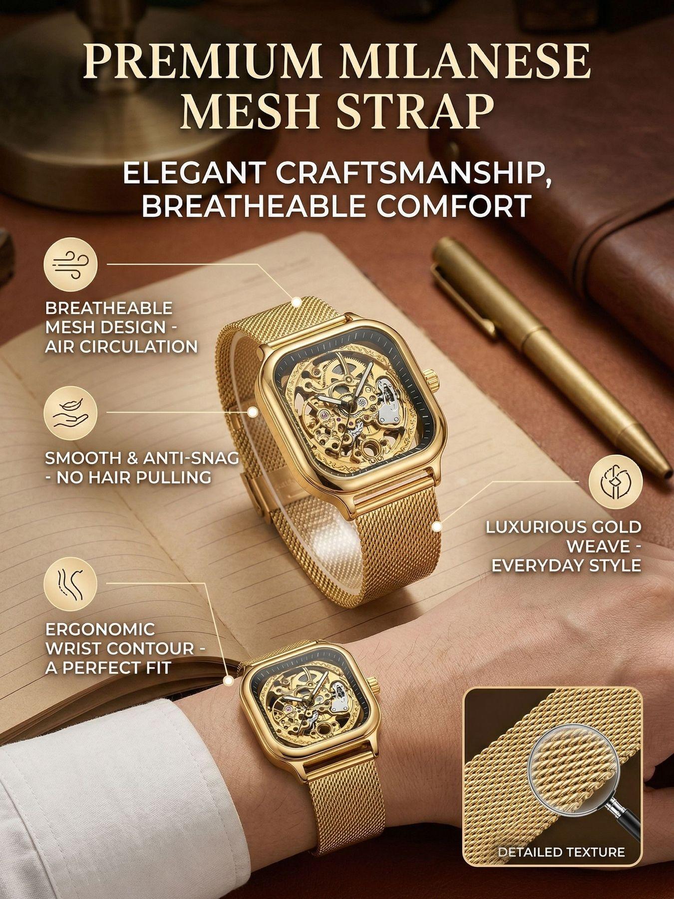 A men's open-work and see-through all-gold square case. Gold engraved movement. Business-style, luxury, trendy and personalized new model. Fully automatic mechanical wristwatch