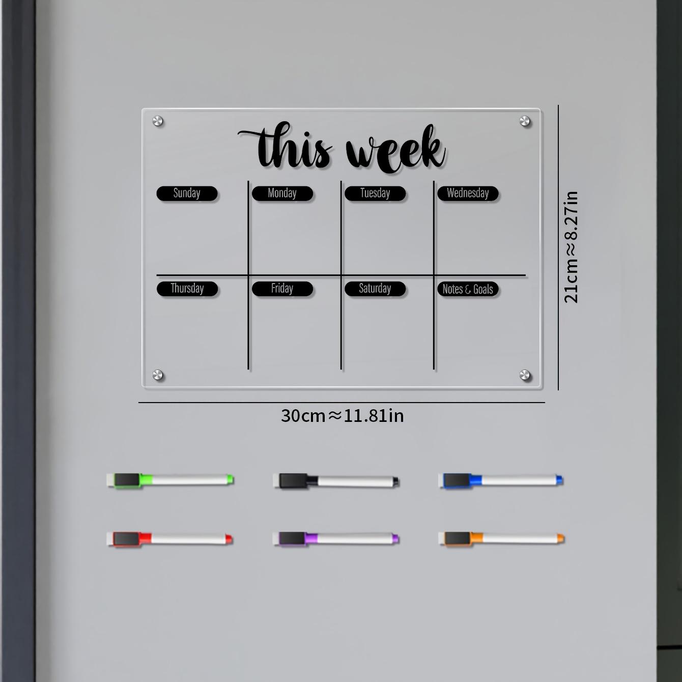 Transparent Acrylic Magnetic Refrigerator Fridge Calendar Magnetic Weekly Planner Board, Erasable Schedule Organizer, Home Memo Board with Multicolor Pens, Includes 6 Magnetic Whiteboard Pens