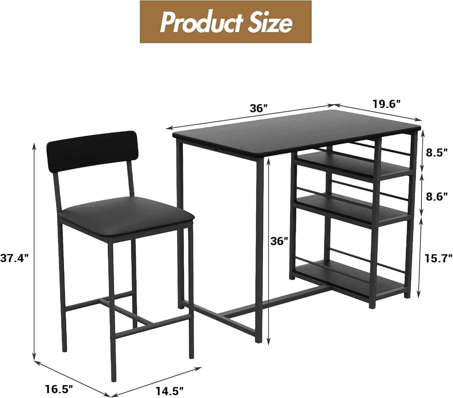 3-Piece Double Bar Table Set with 3-Tier Storage Shelves, Compact Kitchen Dining Table Set with 2 Upholstered Stools, Space-Saving Breakfast Nook for Kitchens, Taverns, Apartments