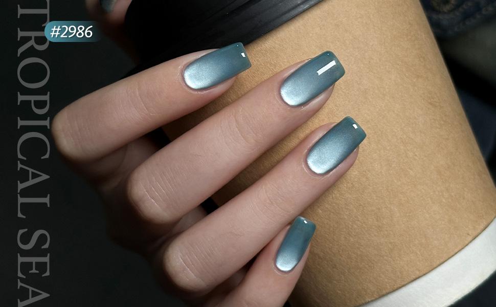 GAOY Tropical Sea Cat Eye Gel Nail Polish Set with Magnet for Blue Glitter Holographic Cat Eye, Salon UV Gel Manicure and Nail Art DIY at Home