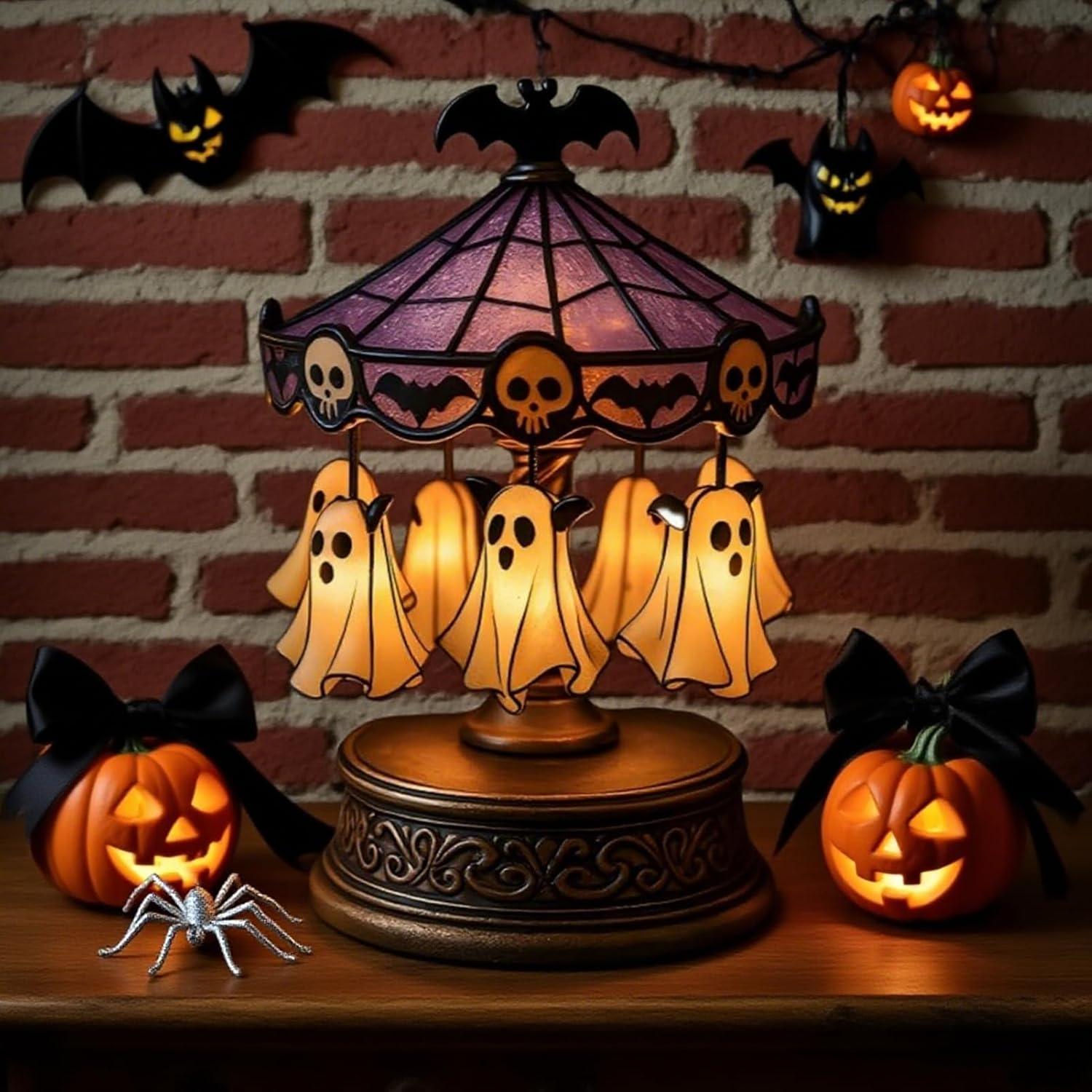 Cute Halloween Ghost Carousel Night Light, Antique Stained Glass, Vintage Carousel Decor, Indoor Home Party Kitchen Table