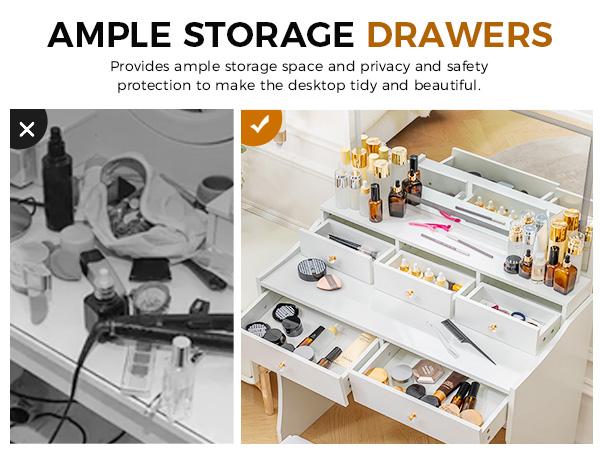 COMHOMA Makeup Vanity Desk with Mirror and Lights, Vanity Table and Chair Set with 5 Drawers and Charging Station, Bedroom Dresser LED Mirror Stepless Dimmable & 3 Color Modes Adjustable, Pure White