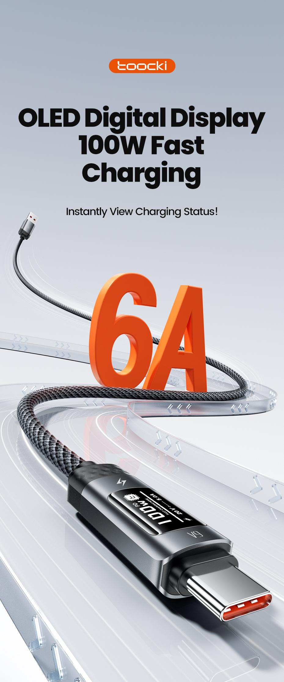 Toocki 100W USB Type C Cable 6A Super Fast Charging Cable for iPhone 17 16 15 Pro Max Samsung Huawei Xiaomi with OLED Digital Displaying USB-C Data Cable Wires