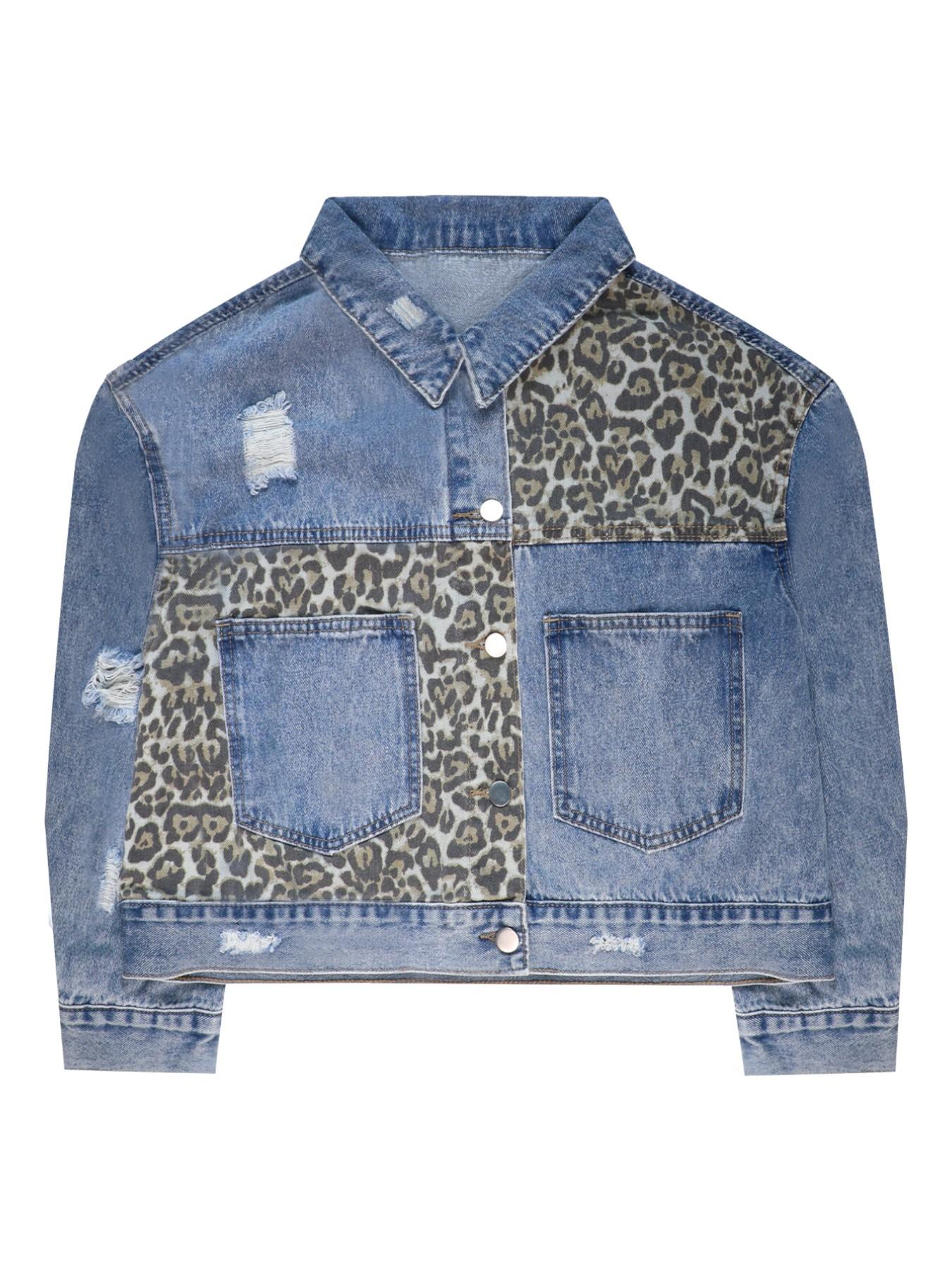 Women's Denim Jacket with Leopard Patch, Long Sleeve Button Fly Coat, Fitted Lapel Outerwear for Casual Style, Back to School Shopping