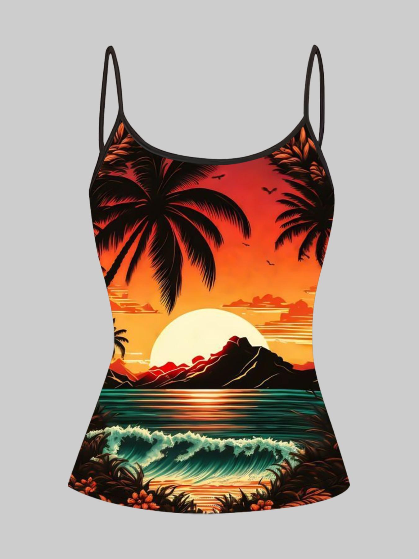 Beach Sunset Palm Tree Print Straps, Summer Home Sleepwear Outer Wear, Unique Slim Fit Top Set of Four Pieces