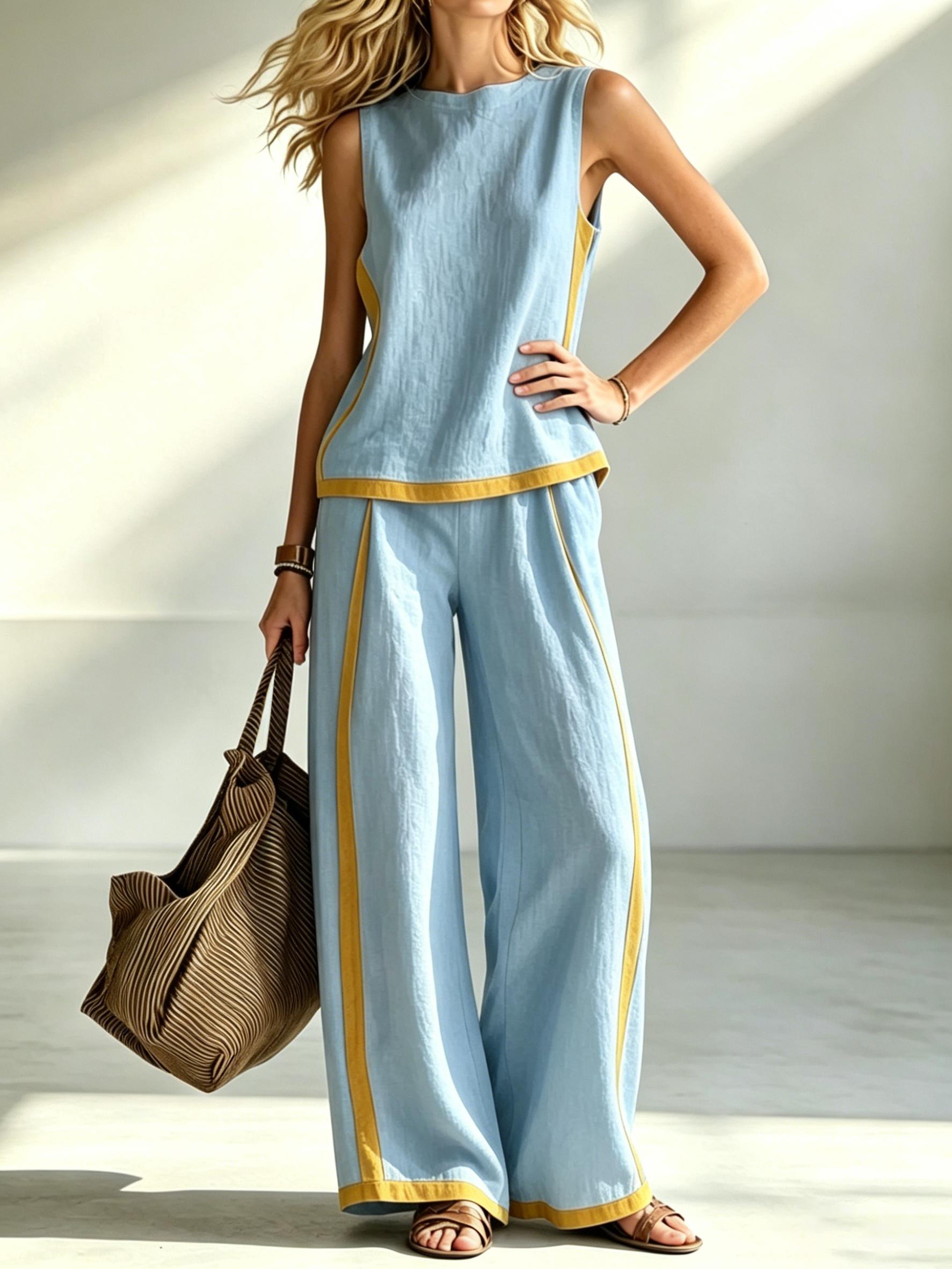 Bohemian Patchwork Tank Top and Pants Set, Sleeveless Summer Top, Flowy Wide Leg Trousers, Casual Comfortable High-Waist Vacation