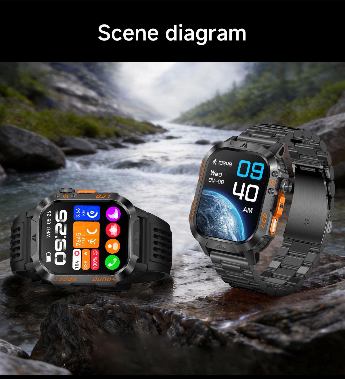 HT46 Outdoor Smart Watch Bluetooth Calling Heart Rate Sleep Blood Oxygen Monitor LED Light for Cycling Hiking Camping