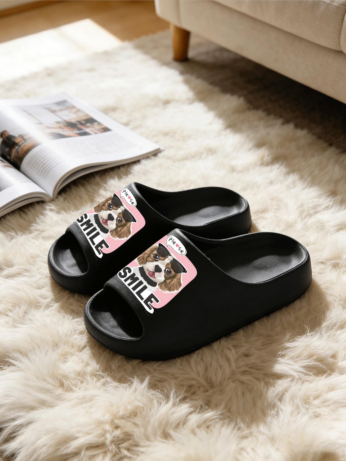 "Smile" Sunglasses Cavalier King Charles Spaniel Thick-Soled Slippers, Cute Trendy Style Cloud Cushion Non-Slip Slides, Casual Indoor & Outdoor Couple Sandals