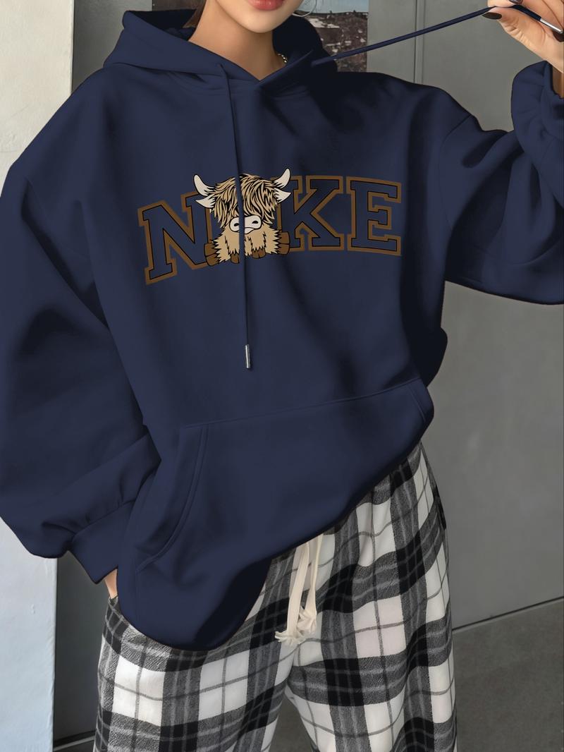 Women's Drawstring Hoodie with Highland Cow & Letter Print, Loose Fit Long Sleeve Casual Top for Fall & Winter
