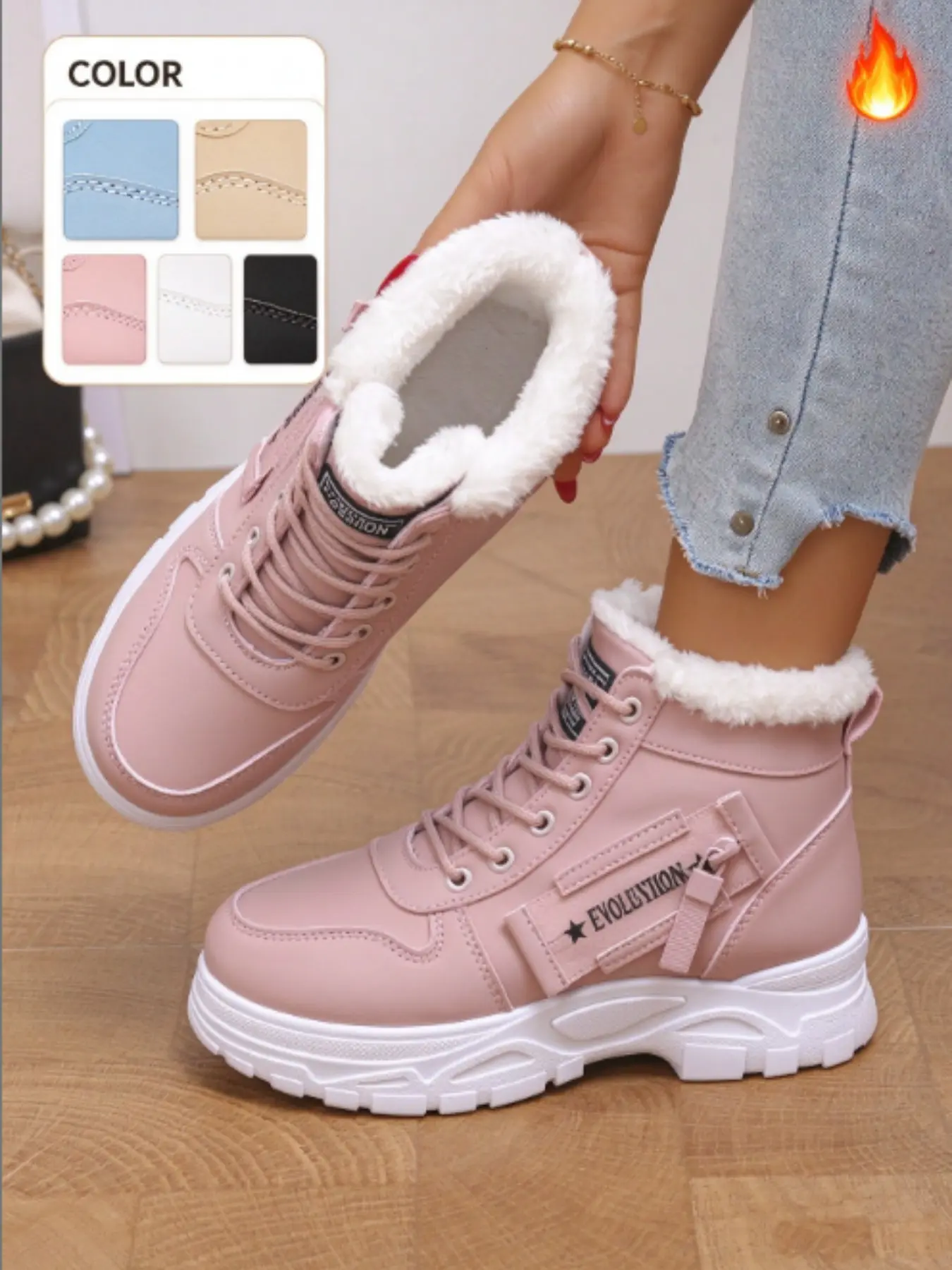 Women's High Top Work Boots, Five Colors Fleece Lined, Fashion Casual, Thick Sole Heel, Warm Fur Mouth, Winter School Commute, Shopping, Winter Warm Shoes