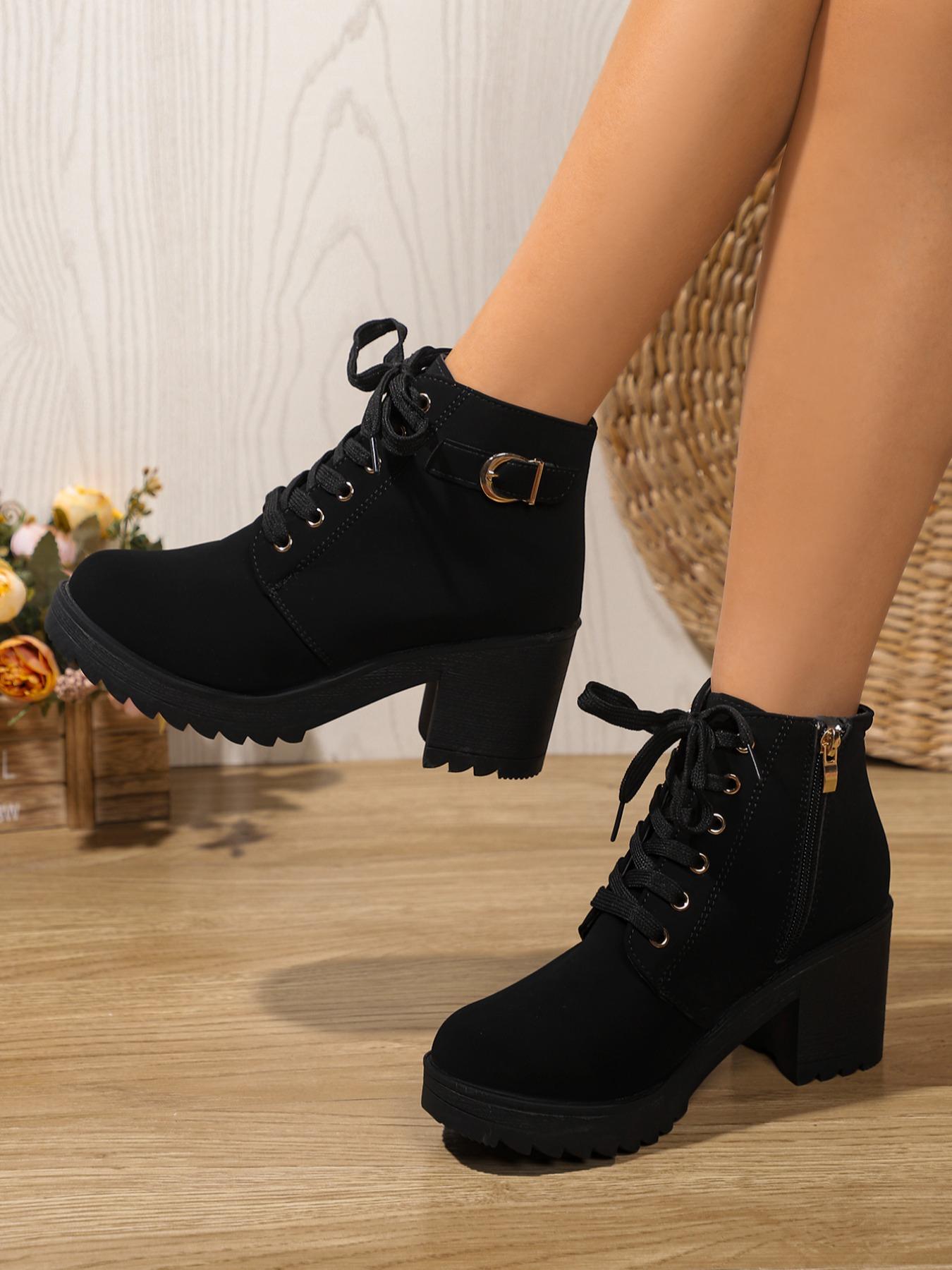 Women's Chunky Heel Thick Sole Ankle Boots, Side Zipper Lace-Up High Heel Boots, Fall Winter Casual Fashion Shoes