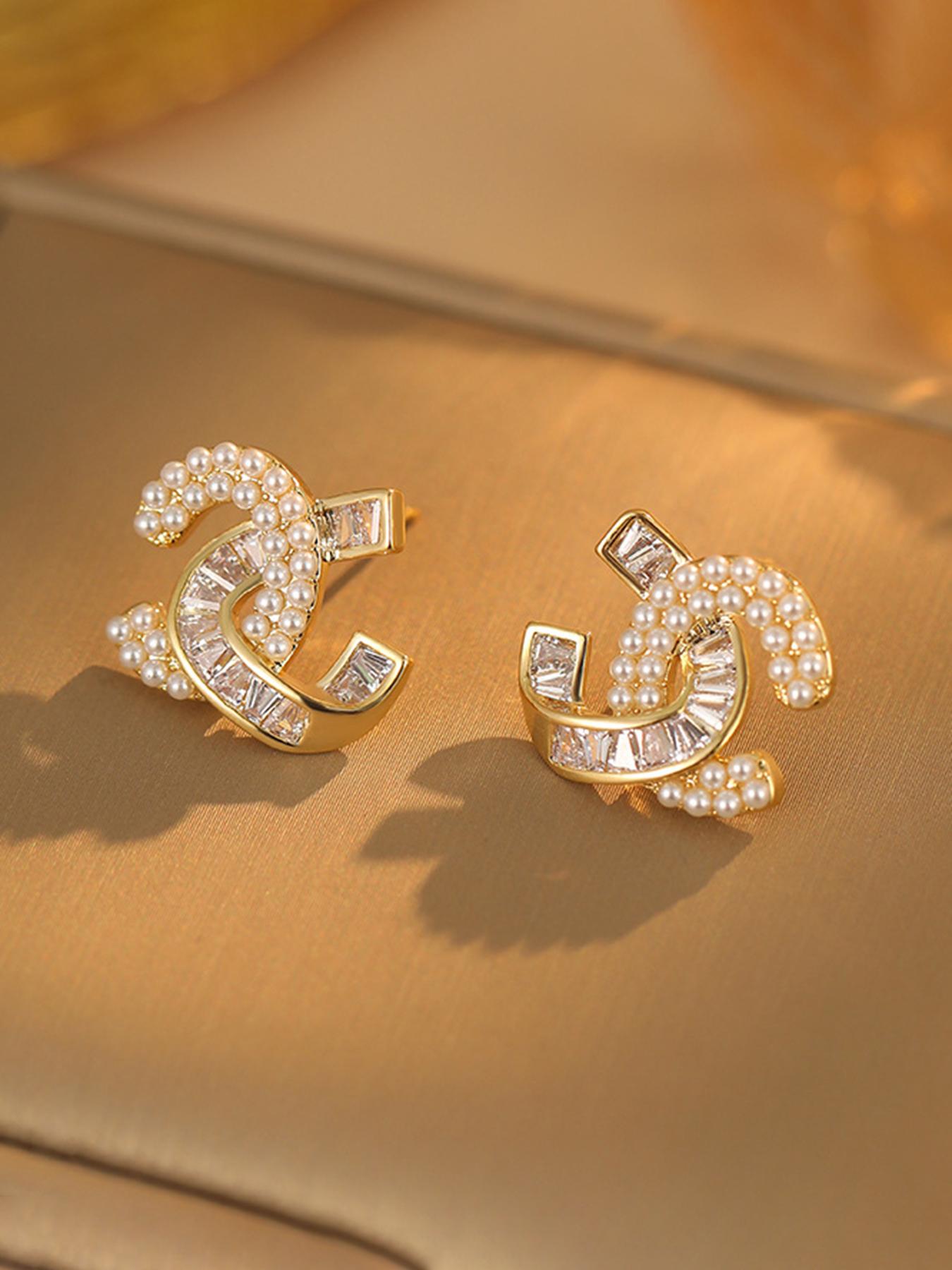 Elegant Zircon Cross Pearl Earrings Set, Fashion Earrings, Trendy C-Shaped Ear Studs for Women, Perfect for Daily Wear & Date Nights