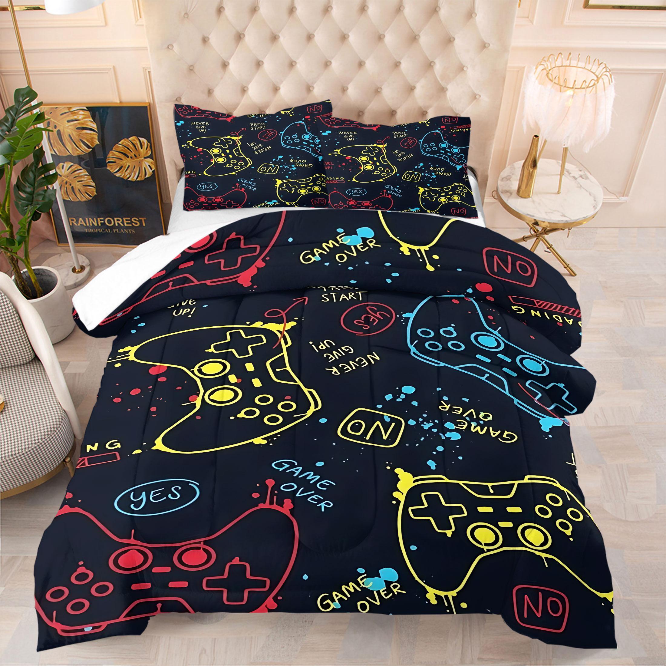 Street Graffiti Game Controller Comforter Set,Includes 1 Comforter & 1-2 Pillowcases,Neon Gamer Themed Print Bedding Set,Soft Breathable All-Season Gamer Bedding,for Teen Boys Bedroom Gamer Room Dorm Decor,Perfect Gift for Video Game Lovers
