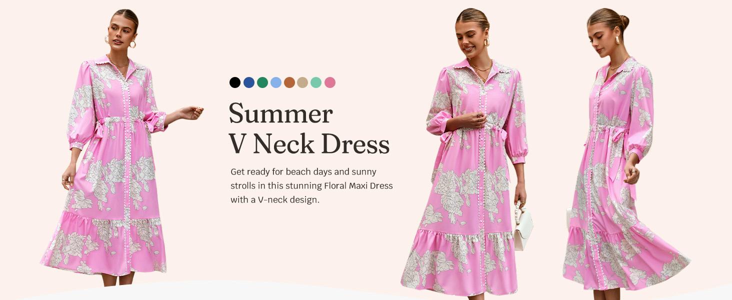 Wenrine Women’s Maxi Shirt Dress Casual Floral Collared 3/4 Long Sleeve Drawstring Waist Fall Button Down Dresses