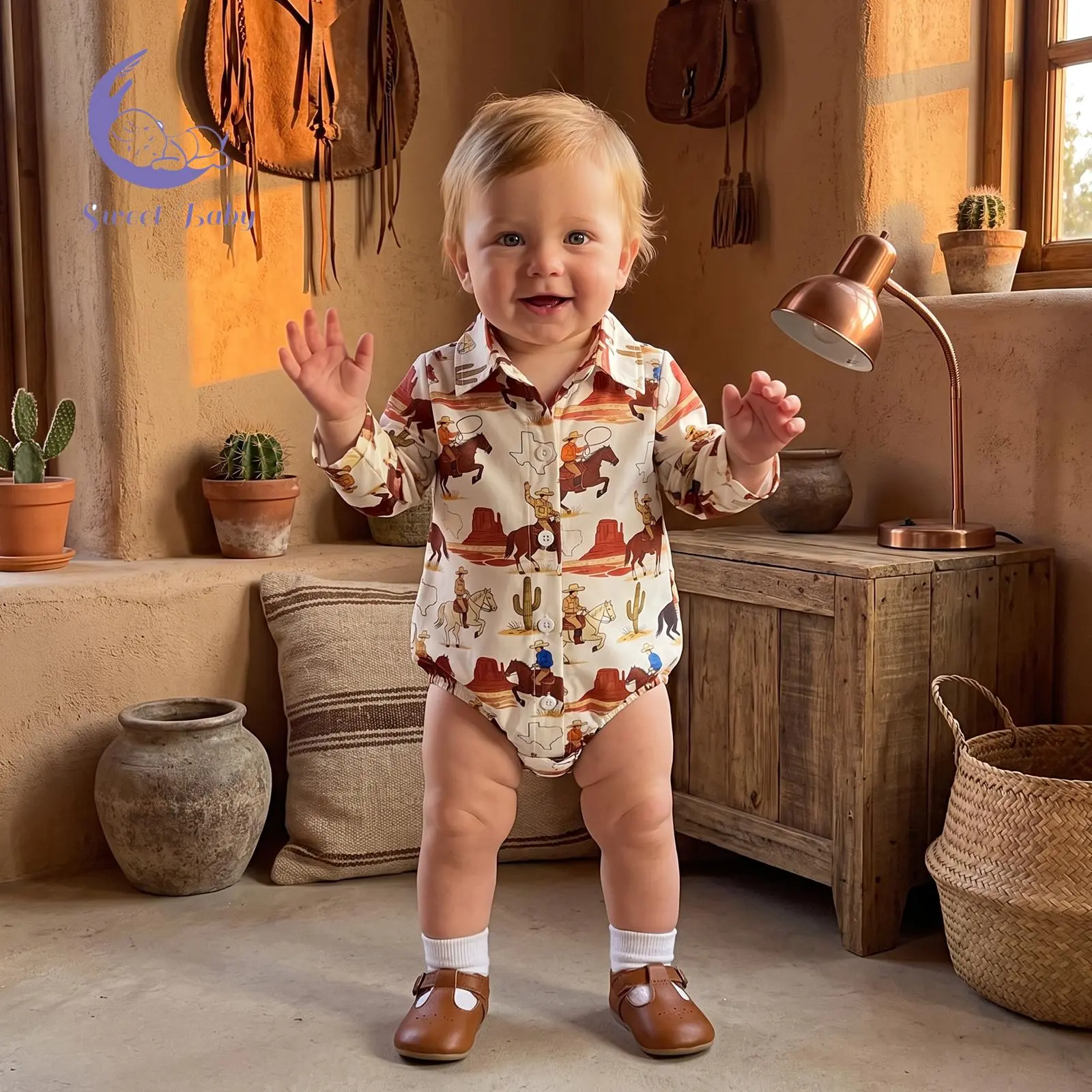 Baby Boy Fall Romper Cactus Riding Horse Print Lapel Long Sleeve Bodysuits