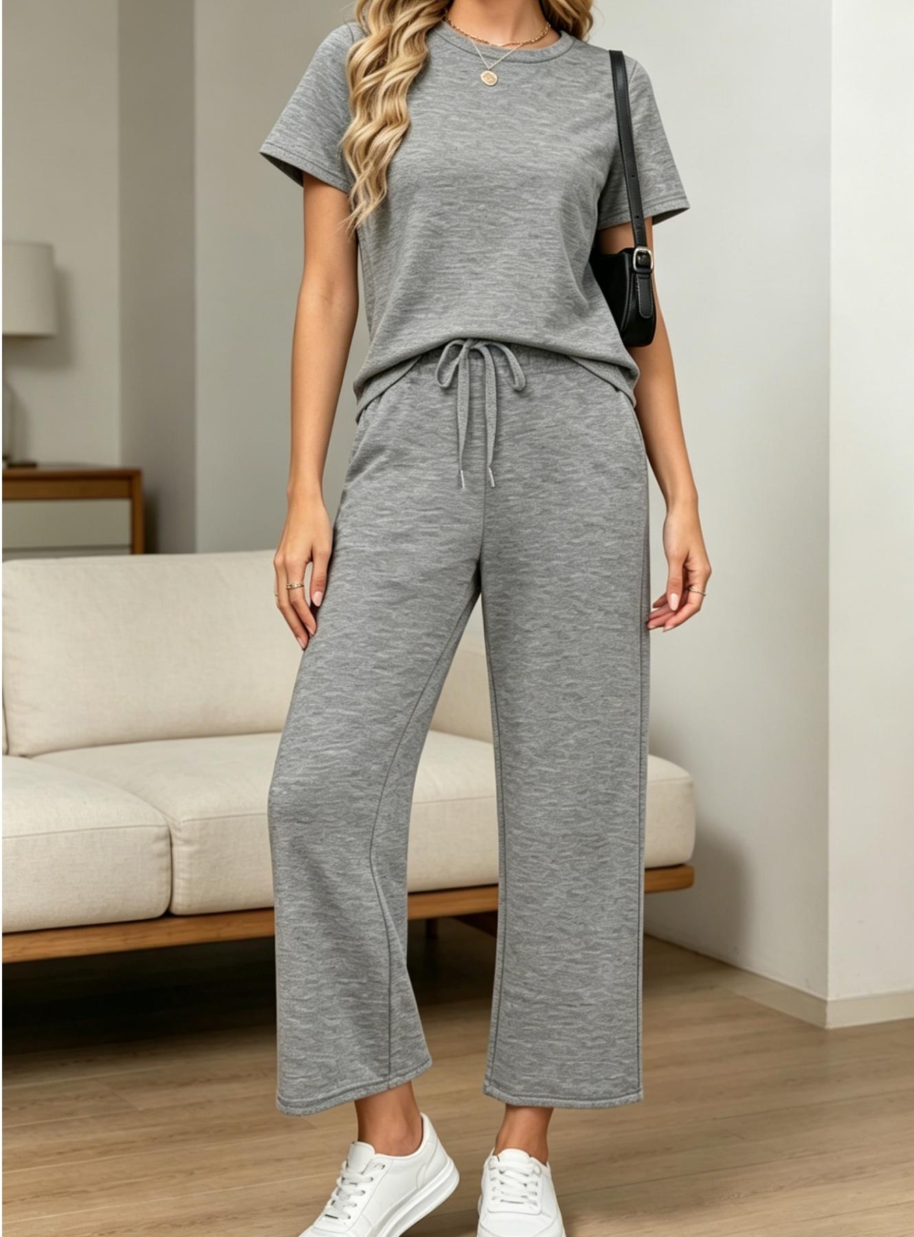 Women's Fashion Solid Color Casual Round Neck Pocket T-Shirt + Drawstring Wide Leg Pants Set Loose Fit Slimming Wide Leg Pants Two-Piece Set Suitable for Summer Commuting to Work Shopping Outings Indoor and Outdoor Wear