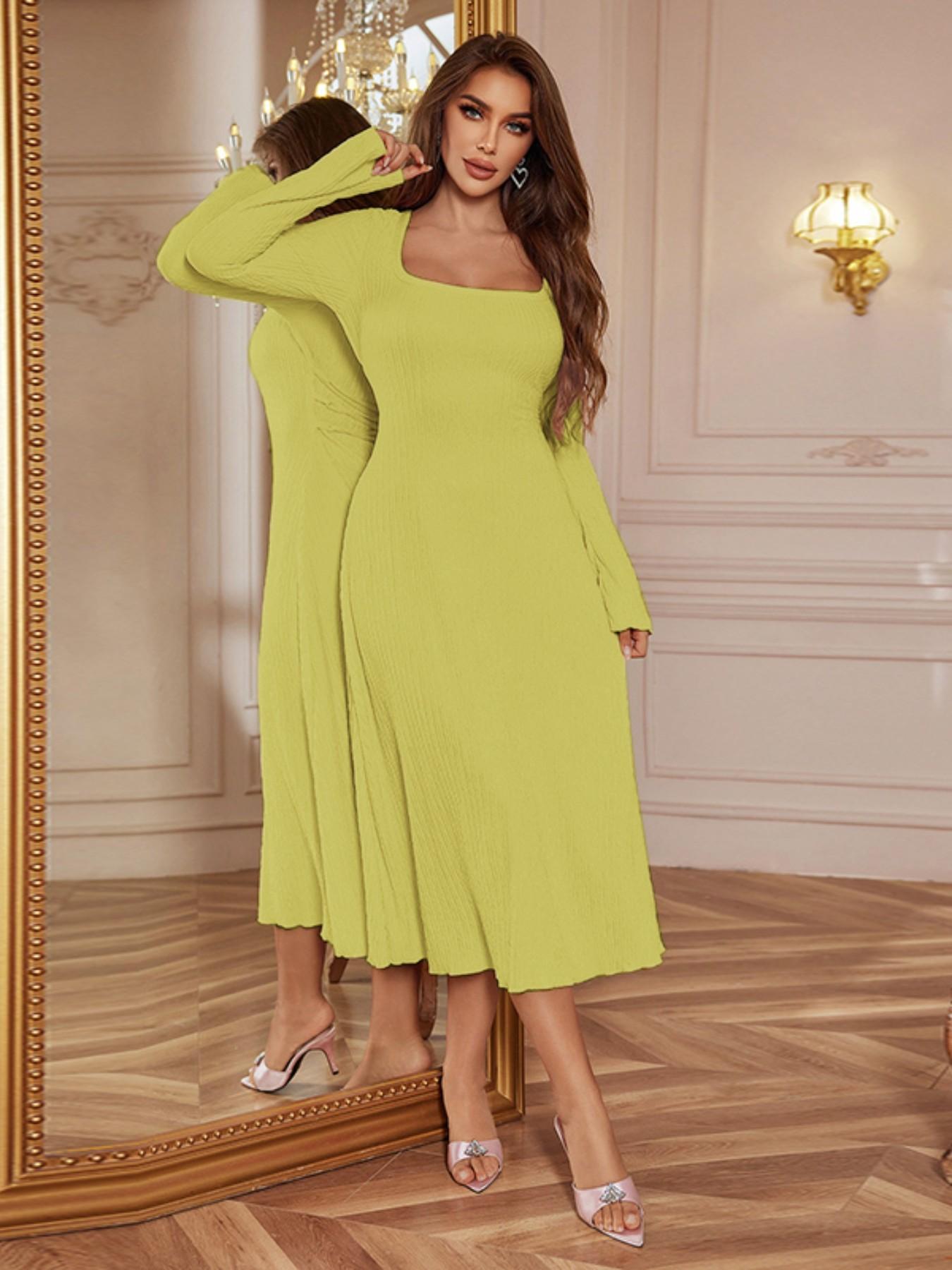 Women's Plain Lace Up Tie Back Flounce Sleeve Dress, 1 Count Elegant Square Neck Long Sleeve A Line Dress for Formal Party Holiday Wedding Guest, Ladies Spring&Fall Clothes