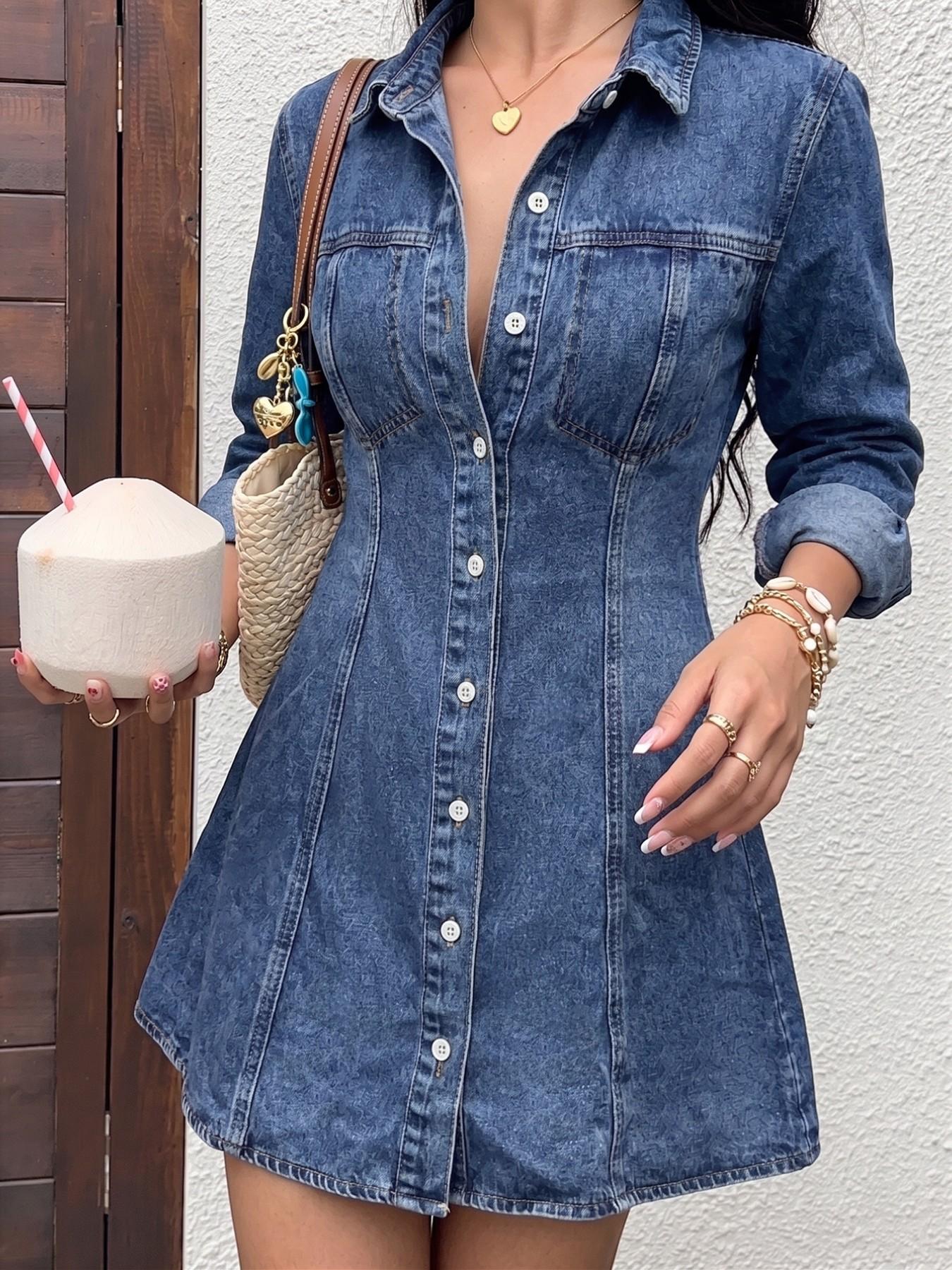 Women's 1 Piece Button Down Collared Denim Shirt Dress, Button Up Dress, Long Sleeve A-Line Mini Dress, Casual Summer Y2K Streetwear for Daily Wear, Beach, Party