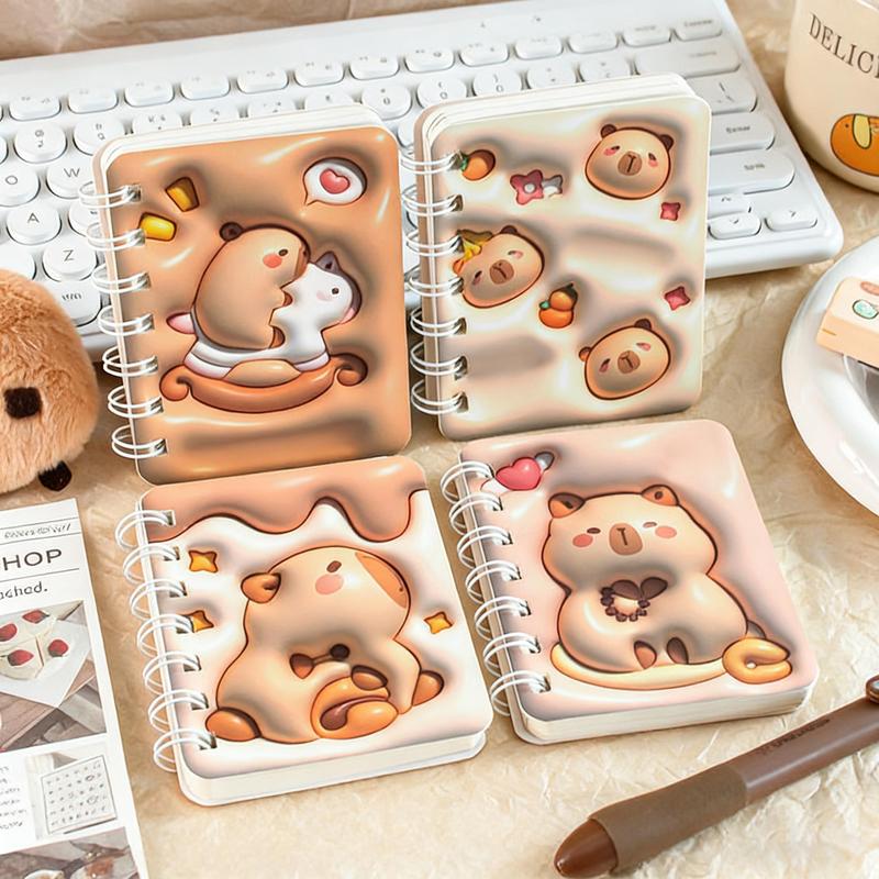 4-Pack A7 Coil Notebooks, Portable Pocket Edition, Student Cartoon 3D Effect, Office Use, Thick Anti-Ink Writing, Mini Diary, Travel Diary Notebook, Gift Idea