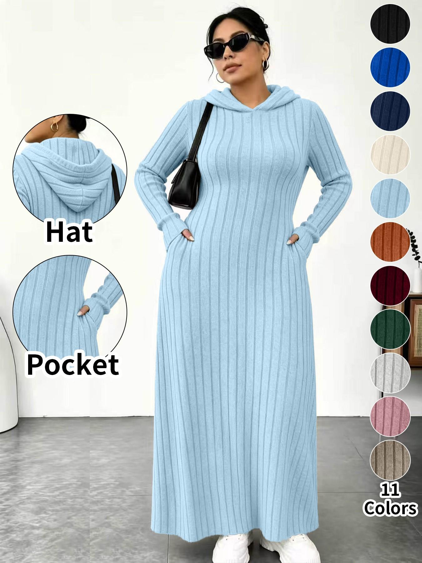 Plus Size Women's Long Knit Dress, 11 Colors Available, Slim Fit with Pockets, Micro Plus Size Slimming Hooded Top, Long Sleeve Base Layer
