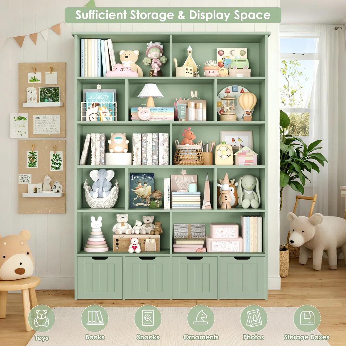 FOTOSOK Bookshelf and Bookcase with 4 Movable Drawers, Toy Organizer with Hidden Wheels and 12 Open Cubbies, Tall Bookshelf Large Open Book Shelf Standing Book Case for Home Office
