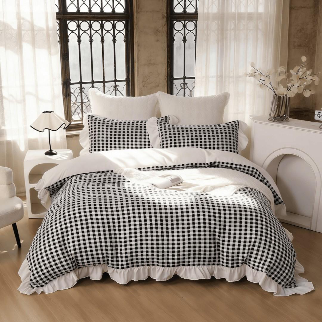 3Pcs Black White Gingham Duvet Cover Set, French Ruffle Vintage Design, Soft Skin-friendly Breathable Cozy, Ideal for Bedroom Dorm Home Decor Daily Use (No Filling, No Pillow Inserts)
