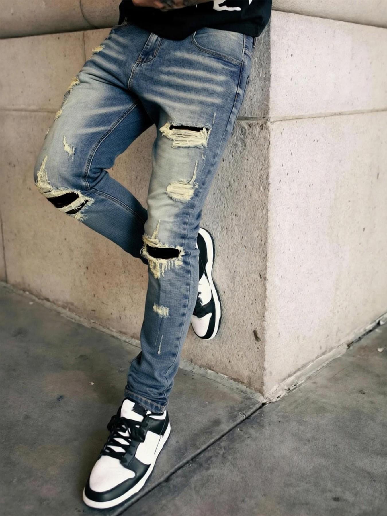 Men's Deep Blue Slim Fit Elastic Denim Jeans, Knee Patched Design, Vintage Wash, Street Style, All Seasons, Zipper Fly, Natural Waist