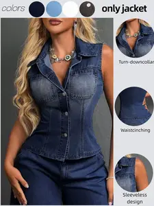 Women's Waist-Cropped Denim Vest, Casual Layering, Street Style, Date, Collar Button, Dual Pockets, Slim Fit, Sleeveless, Y2K Retro