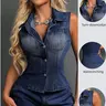 Elegant Fitted Sleeveless Denim Jean Vest for Women, Casual All-Season Wear, Unique Fashion Design, Plain Pattern, with Collar