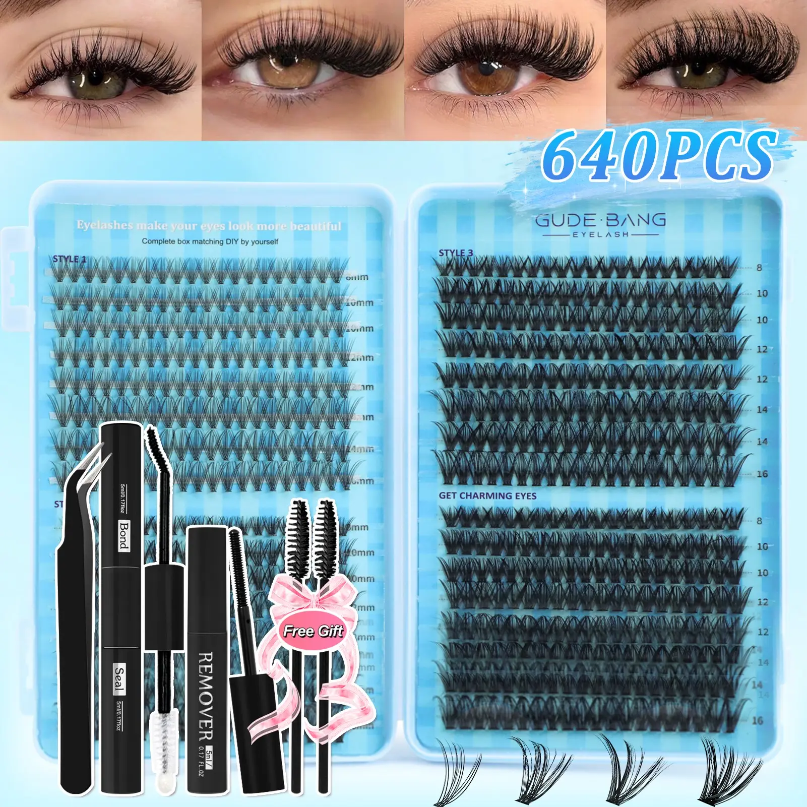 640 Clusters False Eyelashes Set, (20D+30D+40D+50D Mixed Pack), D Curl Eyelash Extension Set, Includes Glue, Sealer, Remover And Eyelash Extension Tools Accessories, Let You Easily Create Professional Eyelash Styles At Home, Essential False Eyelashes Set